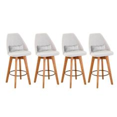 Imagem de Kit 04 Banquetas Alta Maya Giratória Com Encosto Gourmet Linho Bege e Almofada Suede Branco - Aurora Line