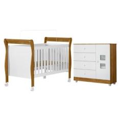 Imagem de Quarto de Bebê com Berço Mini Cama 100% Mdf Slim e Cômoda de Bebê 100% Mdf 1 Porta 4 Gavetas Life Branco/madeirado Ypê