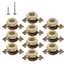 Imagem de HUAMULAN Pacote com 10 puxadores de cerâmica retrô, puxadores de armário de pétalas de cozinha vintage, base de liga de zinco rústico, placa traseira, guarda-roupa, gaveta, gaveta, maçanetas