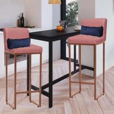 Imagem de Kit 02 Banqueta Alta com Encosto Lucca Industrial Cozinha Balcão Ferro Bronze Suede Rose Gold e Almofada Azul Marinho - Ahazzo Móveis