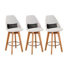 Imagem de Kit 03 Banquetas Alta Maya Giratória Com Encosto Linho Bege Claro e Almofada Suede Cinza - Aurora Line