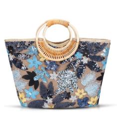 Imagem de QTKJ Sacola feminina, bolsa de praia, bolsa de palha bordada com lantejoulas, alça de bambu arredondada tecida à mão, bolsa boêmia bolsa de ombro de grande capacidade adequada para viagens diárias
