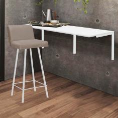 Imagem de Kit Mesa Suspensa de Parede Fixa MDF Branco + 1 Banqueta Lexi Ferro Branco Sintético Bege - Ahazzo Móveis