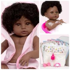 Imagem de Boneca Reborn Negra Cabelo Cacheado Gatinha Enxoval 13 Itens - Cegonha