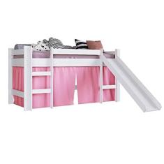 Imagem de Cama Elevada com Escorregador Branco com Cortina Rosa Lilies Móveis