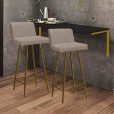 Imagem de Kit Mesa Suspensa de Parede Fixa MDF Preto + 2 Banquetas Lexi Ferro Dourado Sintético Bege - Ahazzo Móveis