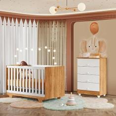 Imagem de Quarto de Bebê Berço Mini Cama com Colchão e Cômoda Nina Amadeirado/branco