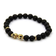 Imagem de Pulseira Masculina Pedra Lava Vulcânica Caveiras Gêmeas