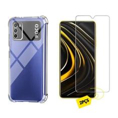Imagem de Kit Capinha Celular Antichoque Compatível Xiaomi Poco M3 + 2 Películas Vidro (Não Cobre Bordas Curvas do Aparelho)