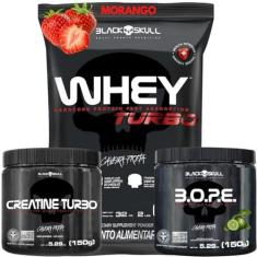 Imagem de Whey Protein Concentrado + Creatina Monohidratada 150g + Pré-Treino B.O.P.E 150g - Kit Black Skull Para Ganho de Massa e Força (Whey Turbo Morango - B.O.P.E Limão)