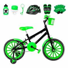 Imagem de Bicicleta Infantil Aro 16 Nylon + Kit Proteção Preta e Verde