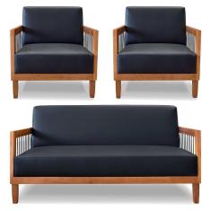 Imagem de Kit 2 Poltronas e Sofá Living 2 Lugares Marilia 1,60m Corano Preto Base em Madeira Castanho - Pallazio