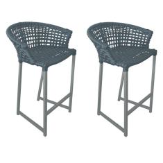 Imagem de Kit 2 Banquetas Reis Em Corda Náutica E Base Em Alumínio Cinza Para área Gourmet Externa Cinza Cinza