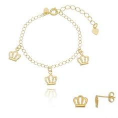 Imagem de Kit Infantil Brinco e Pulseira de Coroa Banhado a Ouro