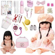 Imagem de Boneca Tipo Reborn Morena Silicone Enxoval Completo 24 Itens - Cegonha