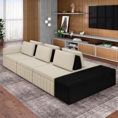 Imagem de Sofá Ilha com Encosto e Almofadas Móveis Olimpo 365cm Modulado Linho/PU Bege/Preto G45 - Gran Belo