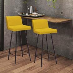 Imagem de Kit Mesa Suspensa de Parede Fixa MDF Carvalho + 2 Banquetas Lexi Ferro Marrom Sintético Amarelo - Ahazzo Móveis