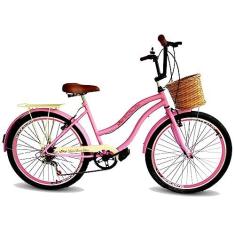 Imagem de Bicicleta aro 26 feminina retrô cesta tipo vime 6v rosa