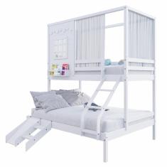 Imagem de Beliche Casinha Reta Casal- Solteiro Com Escorregador E Cortina Madeira Maciça Branco Housin