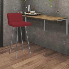 Imagem de Kit Mesa Suspensa de Parede Fixa mdf Caramelo + 1 Banqueta Lexi Ferro Prata Suede Vermelho - Ahazzo Móveis