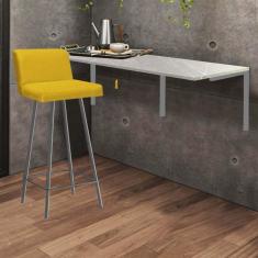 Imagem de Kit Mesa Suspensa de Parede Fixa MDF Marmorizado + 1 Banqueta Lexi Ferro Prata Corino Amarelo - Ahazzo Móveis