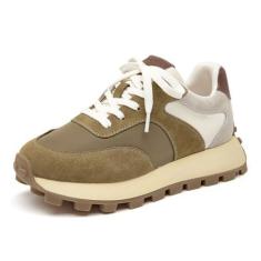 Imagem de BEAU TODAY Tênis de plataforma feminino, grosso, casual, tênis, couro, camurça, cadarço, largura larga, antiderrapante, inverno/verão, tênis de caminhada feminino, Caqui, 35