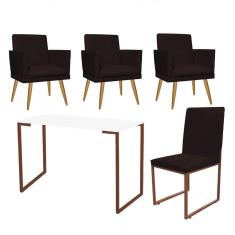 Imagem de Kit Escritório Stan 3 Poltronas Rodapé com Cadeira e Mesa Industrial Branco Bronze Suede Marrom - Ahz Móveis