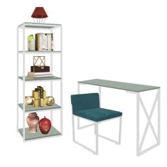 Imagem de Kit Escritório Bex 1 Cadeira Suede Azul Turquesa com 1 Mesa e 1 Livreiro Ferro Branco MDF Verde Oliva - Ahazzo Móveis