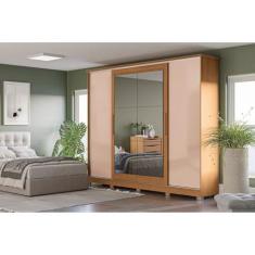 Imagem de Guarda-roupa 4 Portas de Correr e 4 Gavetas com Pés e Espelho Canela/macadâmia