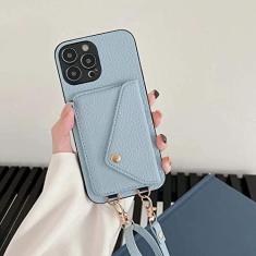 Imagem de Carteira de bolso de cartão crossbody para iPhone 11 12 13 14 Pro Max X XR XS Max 7 8 Plus Alça de Couro Capa Traseira, Azul Céu, Para iPhone12 Pro