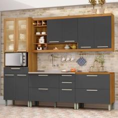 Imagem de Cozinha Completa Burguesa Premium 11 Portas 5 Gavetas com Vidro 100% Mdf Amadeirado Freijó/Grafite - Nesher