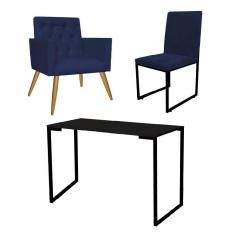 Imagem de Kit Escritório Stan Poltrona Capitonê com Cadeira e Mesa Industrial Tampo Preto Suede Azul Marinho - Ahz Móveis
