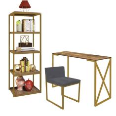 Imagem de Kit Escritório Bex 1 Cadeira Suede Cinza com 1 Mesa e 1 Livreiro Ferro Dourado MDF Caramelo - Ahazzo Móveis