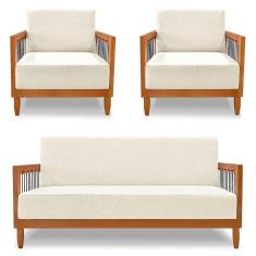 Imagem de Kit 2 Poltronas E Sofá Living 2 Lugares Marilia 1,60m Linho Base Em Madeira Castanho - Pallazio Cor Natural