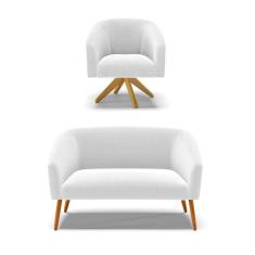 Imagem de Kit 1 Sofá Namoradeira e 1 Poltrona Stella Bouclê Off White Base de Madeira MA30 - D`Rossi