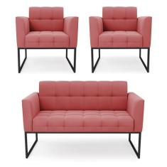 Imagem de Kit 1 Sofá Namoradeira E 2 Poltronas Elisa Suede Rosê Base Metálica In