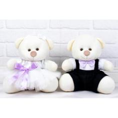 Imagem de Casal Ursos Tedde Pajem Preto, Daminha Branca - Pelúcia Palha 18 cm (Pajem Preto, Daminha Branca, detalhes lilás - Pelúcia Palha)