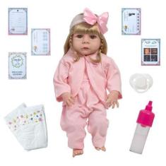 Imagem de Boneca Reborn Bebê Menina Loira 46cm Completa Kit 13 Itens - Cegonha R