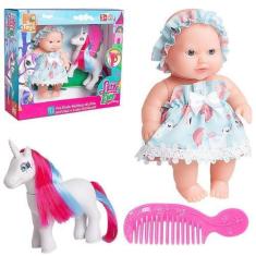 Imagem de Boneca Com Unicornio / Poney De Vinil Com Crina E Calda + Pente Little