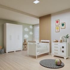 Imagem de Quarto de Bebê Completo com Guarda-roupa, Berço e Cômoda Manu Branco