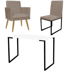 Imagem de Kit Escritório Stan Poltrona Rodapé com Cadeira e Mesa Industrial Branco Preto Suede Bege - Ahz Móveis