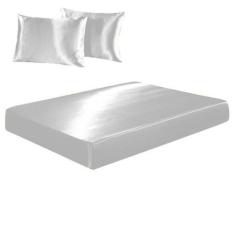 Imagem de Jogo De Lençol Casal Queen Cetim Seda Branco Brilho 3 Peças - Confecçõ