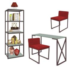 Imagem de Kit Escritório Bex 2 Cadeiras Suede Vermelho com 1 Mesa e 1 Livreiro Ferro Marrom MDF Verde Oliva - Ahazzo Móveis