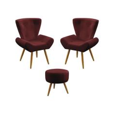 Imagem de Kit 2 Poltronas Decorativas Polaris e Puff Solar Sued Bordô Aradecor