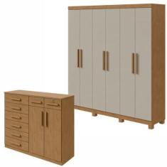 Imagem de Conjunto de Guarda-roupa 6 Portas com Pés Jazz e Cômoda Toronto Amêndoa Clean/off White