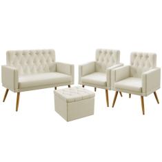 Imagem de Kit Poltrona Namoradeira e 2 Poltronas Decorativas Vega Rodapé com Puff Quasar e Botões Sued Bege Aradecor