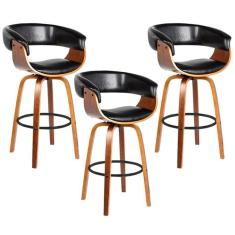 Imagem de Kit 3 Banquetas Giratória Alta Com Encosto Base Madeira Ravi R02 Pu Preto - Mpozenato