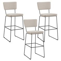 Imagem de Kit 03 Banquetas Alta Base Em Aço Fixa Linho Cru