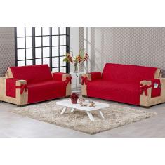 Imagem de Kit protetor capa de sofá para sala 2 e 3 lugares matelado vermelho detalhe laço bordado com bolso lateral