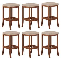 Imagem de Kit 6 Banquetas Alta Estofada Barcelona 38x74Cm Bancada Bar Madeira Maciça Castanho Suede Bege - CCS